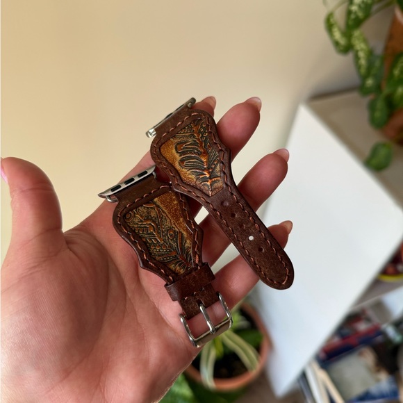 Leather Watch Band whiskey vachetta with copper feather inlay - Picture 3 of 5